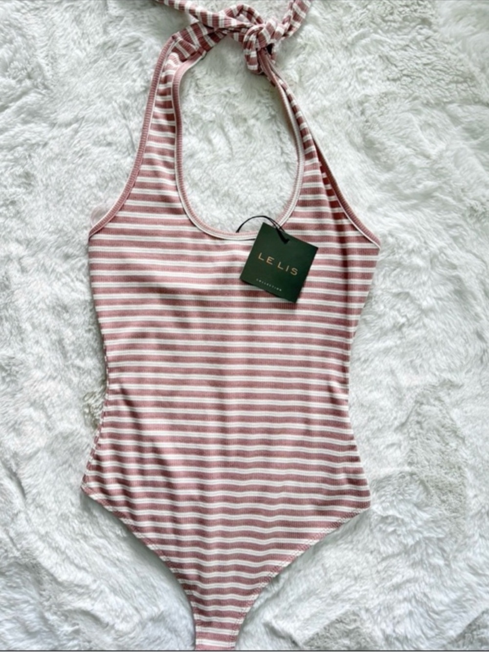 NWOT Le Lis Blush & White Striped Halter Bodysuit